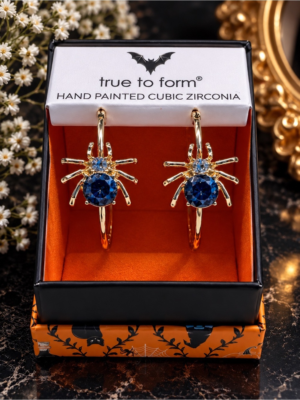 Gold Spider Hoop Earrings with BlackCubic Zirconia